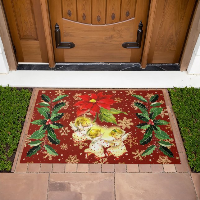Dancing Baby Angels on Red with Gold Snowflakes Doormat (Outdoor)