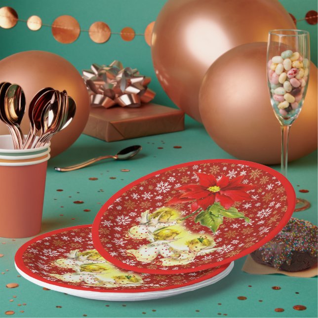 Dancing Baby Angels with Gold Snowflakes on Red Paper Plates (Multi)