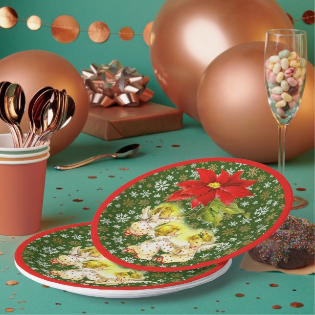 Dancing Baby Angels with Snowflakes on Green Paper Plates (Multi)