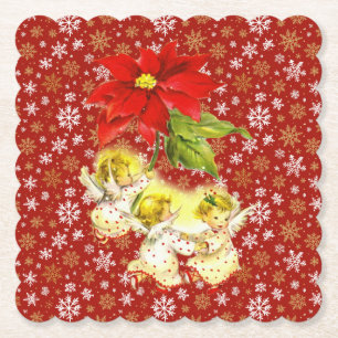 Dancing Baby Angels with Snowflakes on Red Paper Coaster