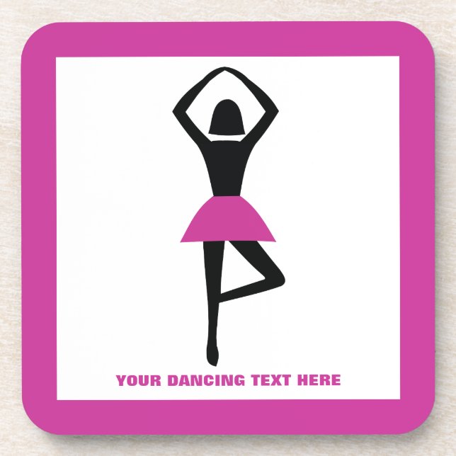 Dancing ballerina black, hot pink custom drink coaster (Front)