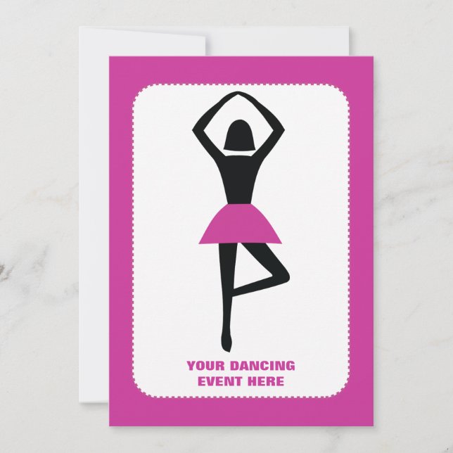 Dancing ballerina black, hot pink custom invitation (Front)