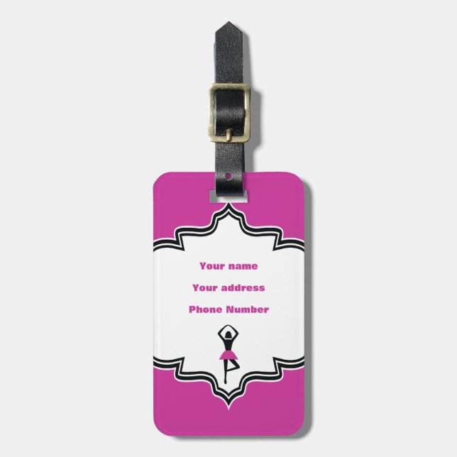 Dancing ballerina black, hot pink custom luggage tag (Front Vertical)
