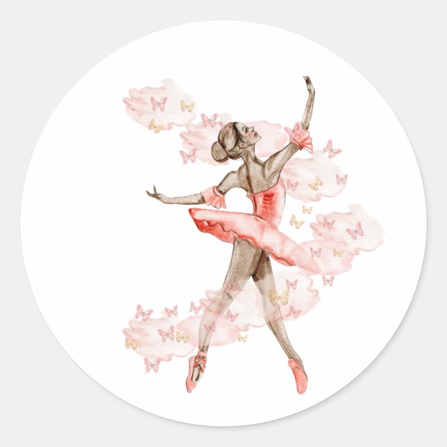 Dancing ballerina with butterfly.  classic round sticker (Front)