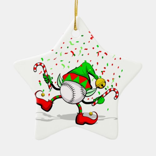 Dancing Baseball Christmas Elf Ceramic Ornament