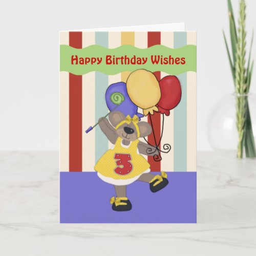 Dancing Bear 3 Years Girl Birthday Card