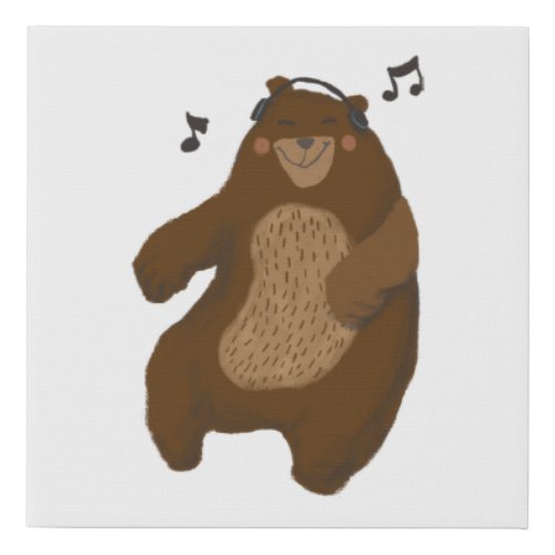Dancing Bear Headphones Music Notes Cute Drawing Faux Canvas Print