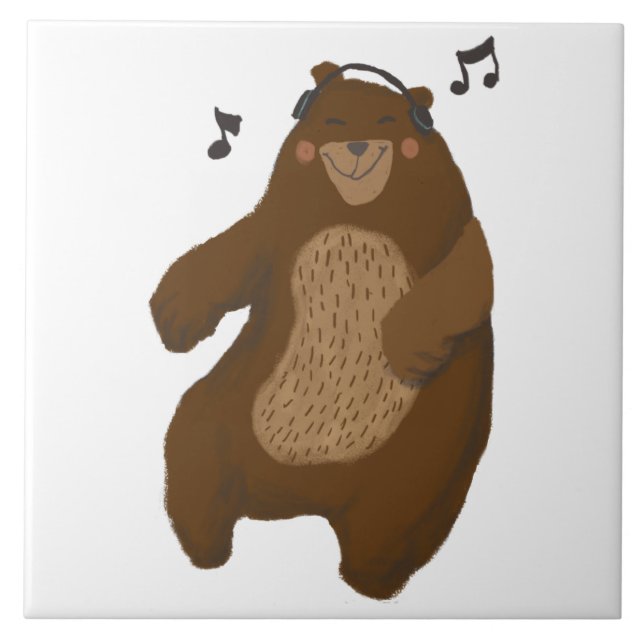 Dancing Bear Headphones Music Notes Whimsical Ceramic Tile (Front)