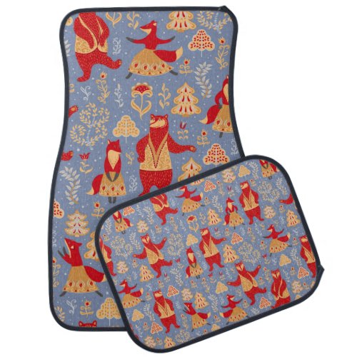 Dancing bears and foxes in a magical forest seamle car floor mat