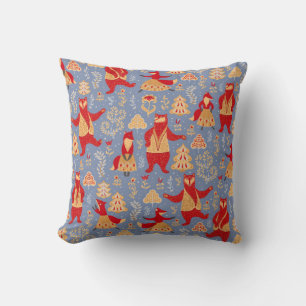 Dancing bears and foxes in a magical forest seamle throw pillow