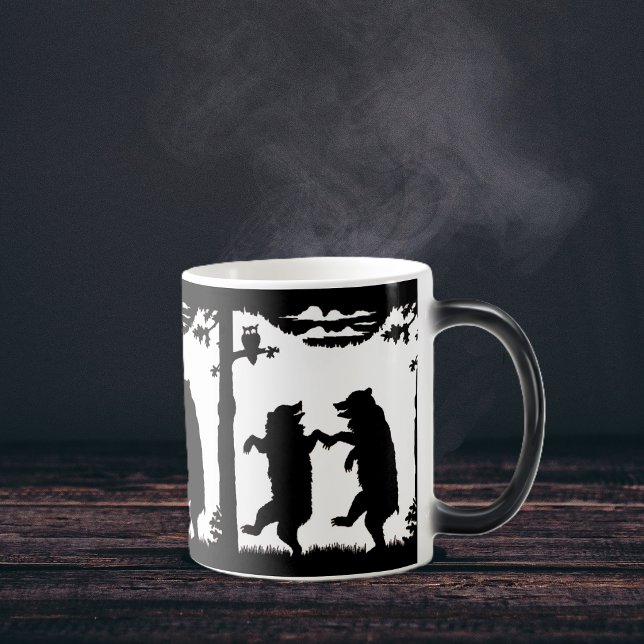Dancing Bears Black Silhouette Color Morph Mug (fun dancing black bears under trees with owl watching on black and white coffee or tea mug.)
