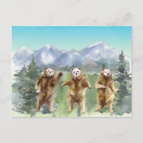 Dancing Bears Watercolor Evergreen Landscape Postcard