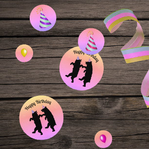 Dancing Birthday Black Bears Party Hats Balloons Confetti