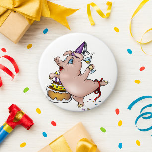Dancing Birthday Party Pig with Cake and Cocktail Button