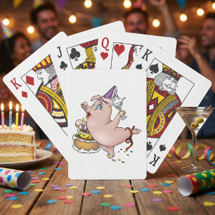 Dancing Birthday Party Pig with Cake and Cocktail Poker Cards