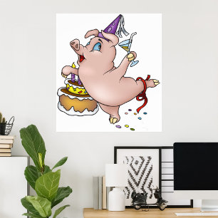 Dancing Birthday Party Pig with Cake and Cocktail Poster