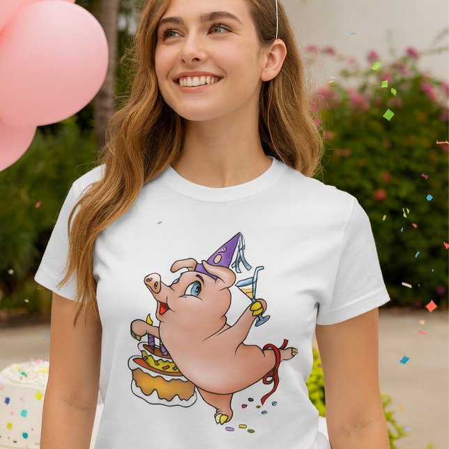 Dancing Birthday Party Pig with Cake and Cocktail T-Shirt (Creator Uploaded)