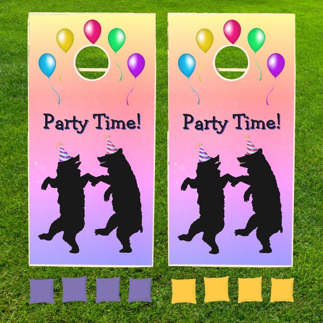 Dancing black Bears Party Hats Bright Balloons Cornhole Set (Black dancing bears in party hats colourful balloons on multiple coloured cornhole game for parties.)