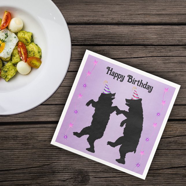 Dancing Black Bears Party Hats Stars on Purple Paper Dinner Napkins (Dancing black bears wearing party hats rows of pink stars on Happy Birthday purple paper napkins.)