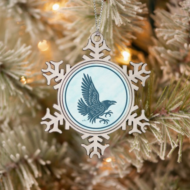 Dancing Blue Raven Snowflake Pewter Christmas Ornament (Tree)