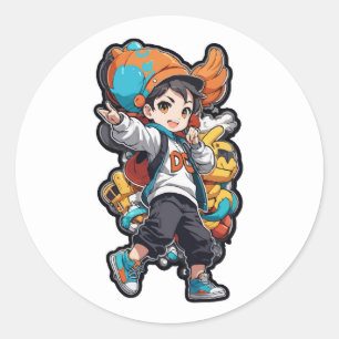 Dancing Boy with Robot Sidekick Cartoon Design Classic Round Sticker
