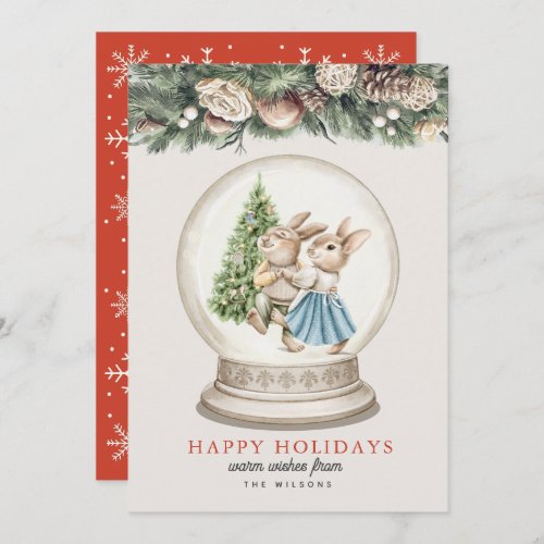 Dancing Bunnies Christmas Tree Snow Grobe Holiday Card