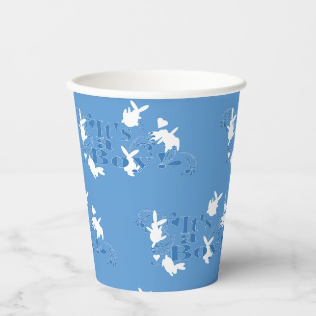 Dancing Bunnies It's a Boy! Blue Baby Shower Paper Cups (Front)