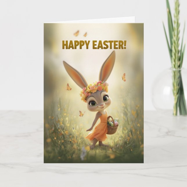 Dancing Bunny in Orange Dress Easter Card (Front)