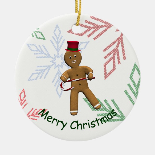 Dancing Cartoon Gingerbread Man Ceramic Ornament (Front)