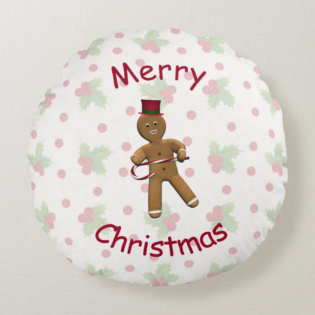 Dancing Cartoon Gingerbread Man Round Pillow (Front)