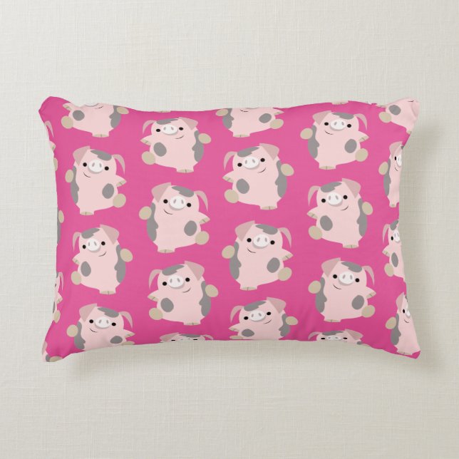 Dancing Cartoon Pig Repeat Pattern Accent Pillow (Front)