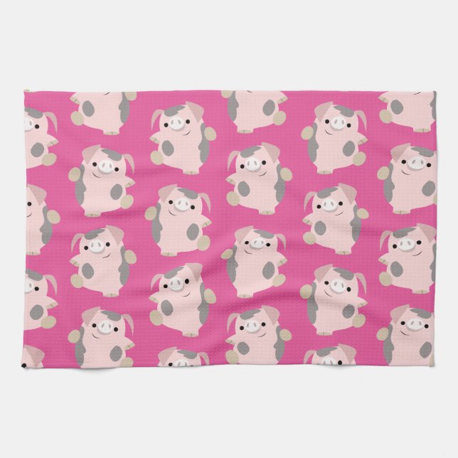 Dancing Cartoon Pig Repeat Pattern Kitchen Towel (Horizontal)