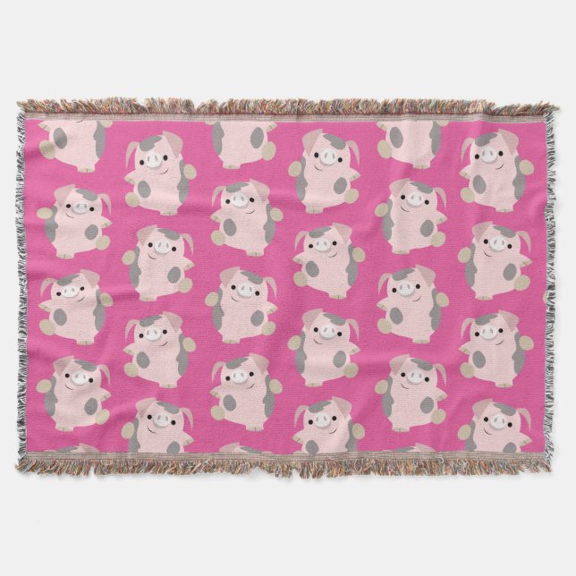 Dancing Cartoon Pig Repeat Pattern Throw Blanket (Front)