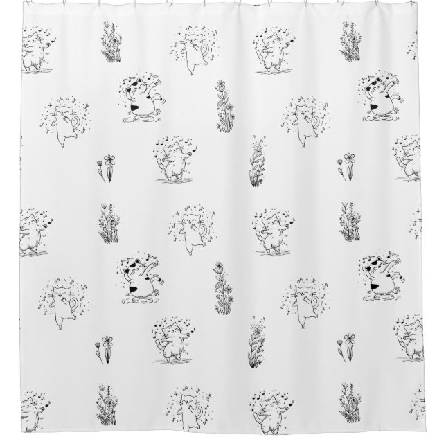 Dancing Cats Floral Shower Curtain (Front)