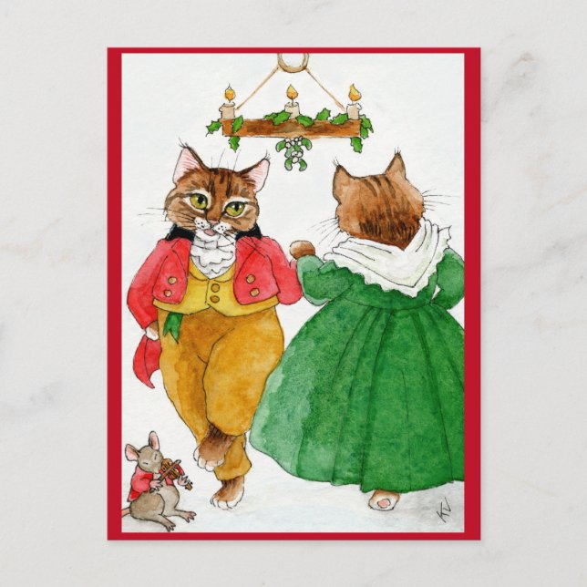 Dancing Cats, Musician Mouse, Christmas Postcard (Front)