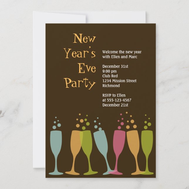 Dancing champagne glasses colorful bubbly holiday invitation (Front)