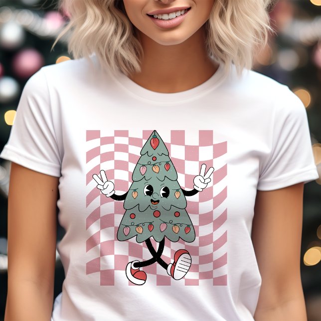Dancing Christmas Tree Pink Checkered Retro Tri-Blend Shirt (Creator Uploaded)