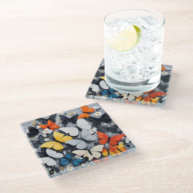 Dancing Colorful Butterfly Acrylic Art, Glass Coaster (Angled)