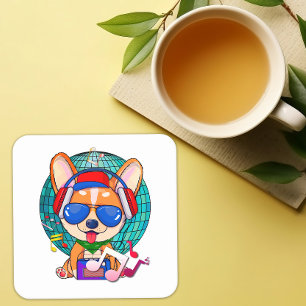Dancing Corgi Kawaii Cute, Retro Funny Puppy Square Paper Coaster