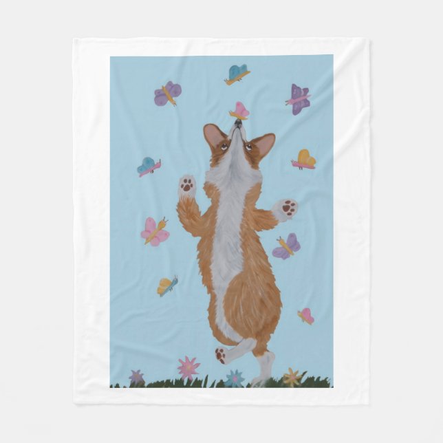 Dancing Corgi with butterflies Fleece Blanket (Front)