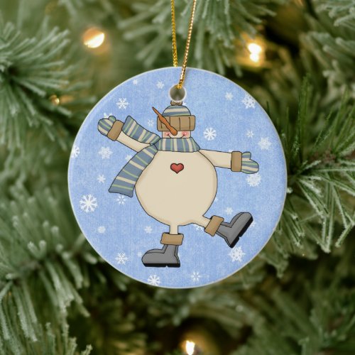 Dancing Country Snowman Ceramic Ornament