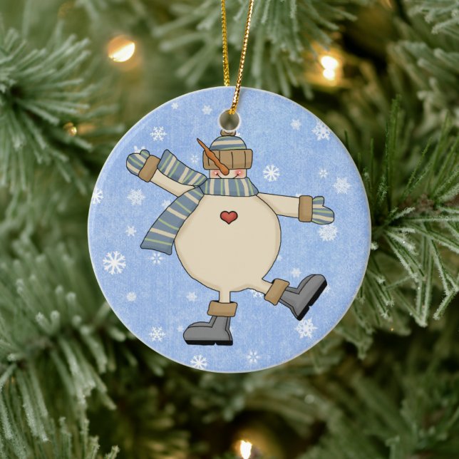 Dancing Country Snowman Ceramic Ornament (Tree)