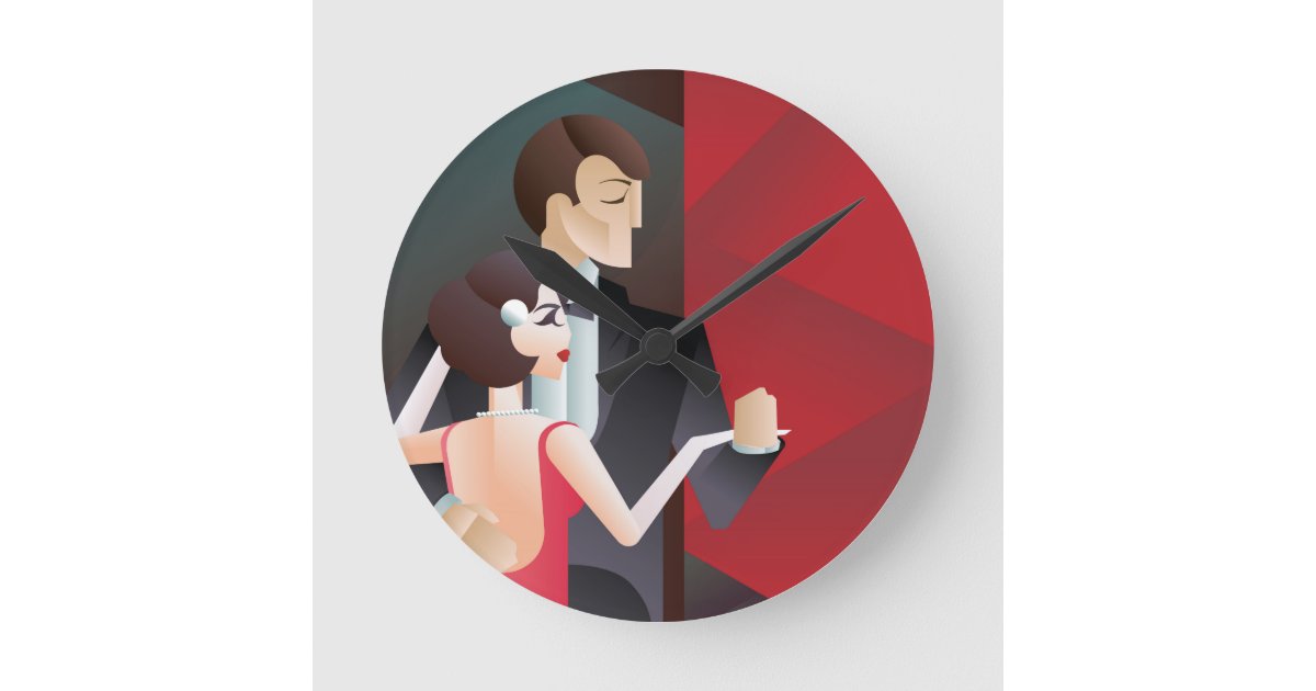 Dancing couple Art Deco geometric style poster Round Clock | Zazzle