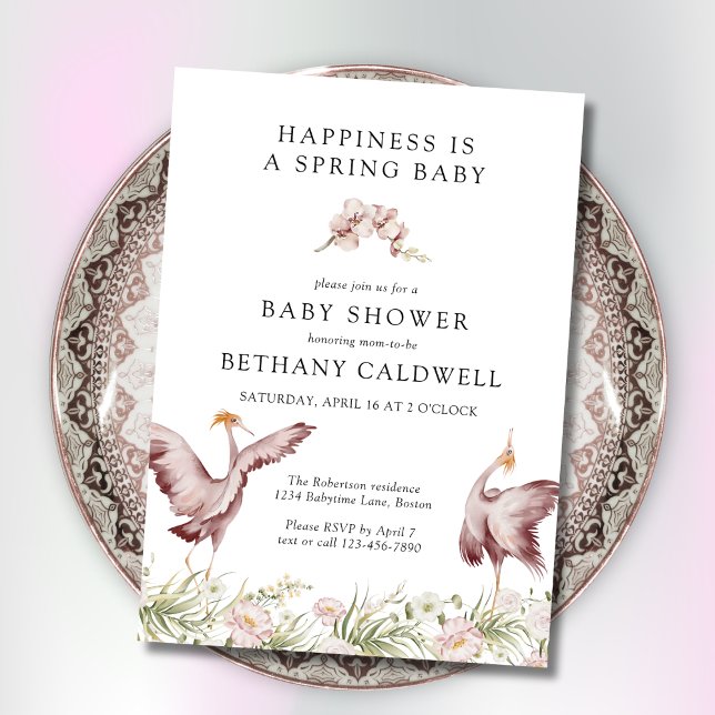 Dancing Cranes Spring Floral Baby Shower Invitation (Spring Baby Shower Invitation with Dancing Cranes)