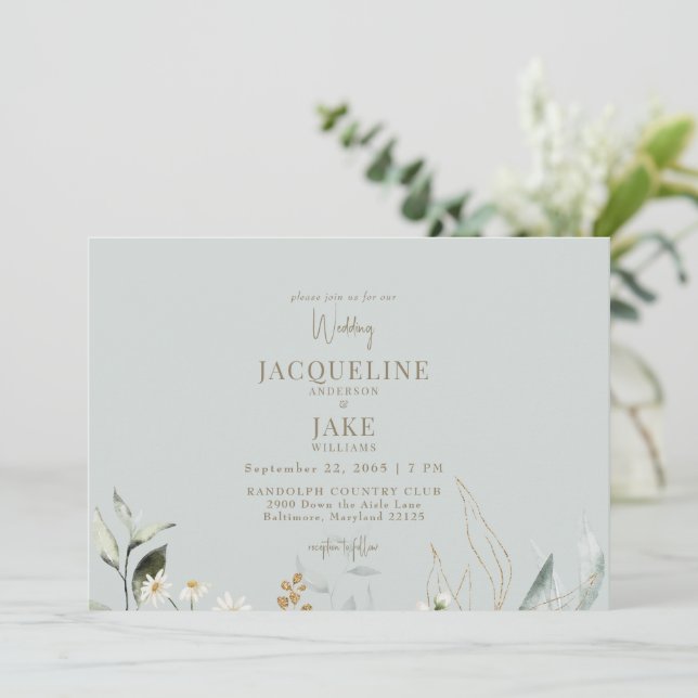 Dancing Daisies Light Sage Wedding Invitation (Standing Front)