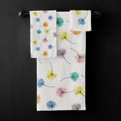 Dancing Dandelions  Watercolor Floral Pattern Bath Towel Set