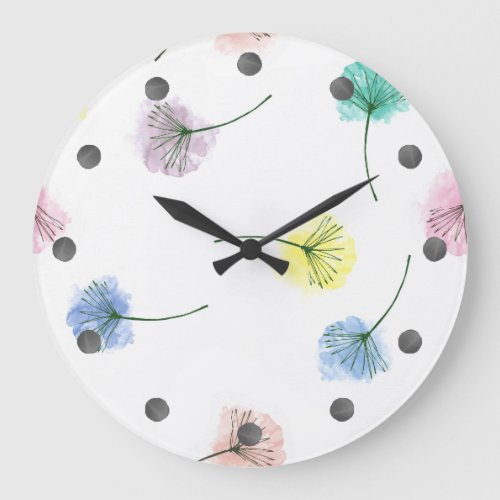 Dancing Dandelions  Watercolor Floral Pattern Large Clock