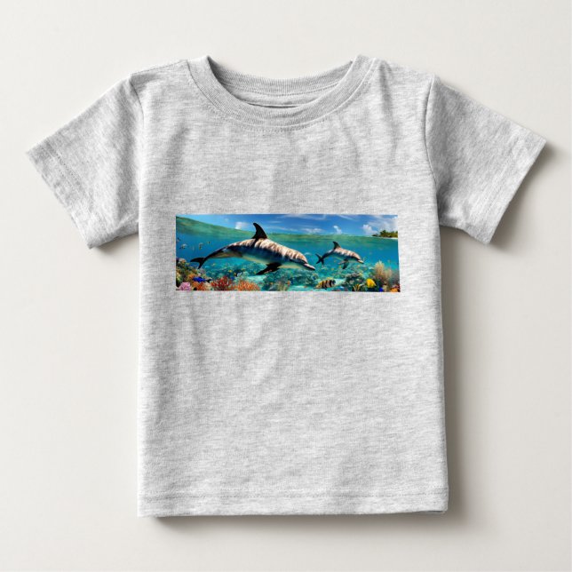 Dancing Dolphins in a Coral Paradise Baby T-Shirt (Front)