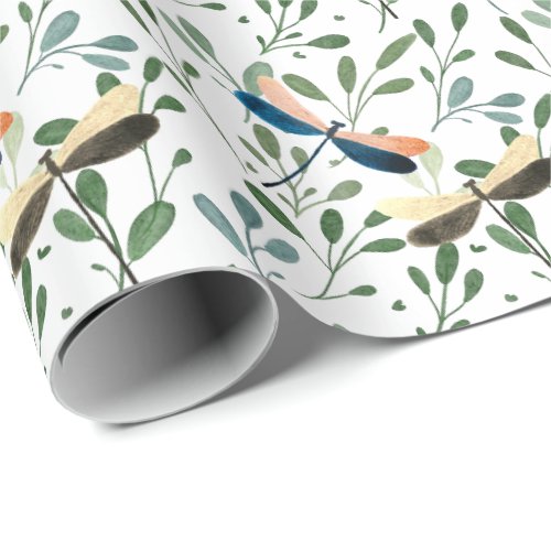 Dancing Dragonfles Cheerful Summer Leaf Pattern  Wrapping Paper