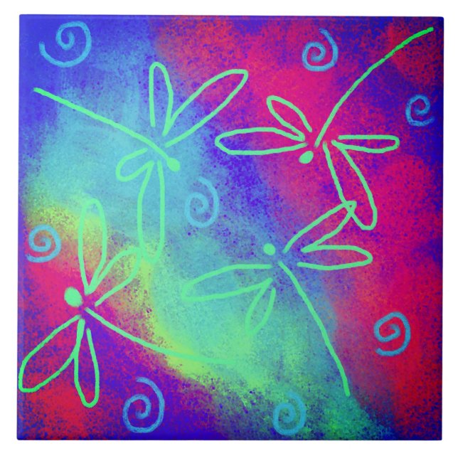 Dancing Dragonflies Abstract Painting Ceramic Tile (Front)
